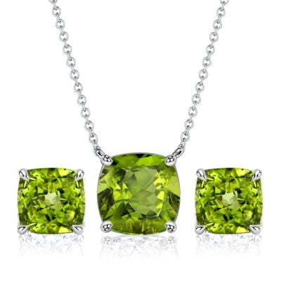 Italo Peridot Cushion Cut Necklace & Stud Earrings Jewelry Set
