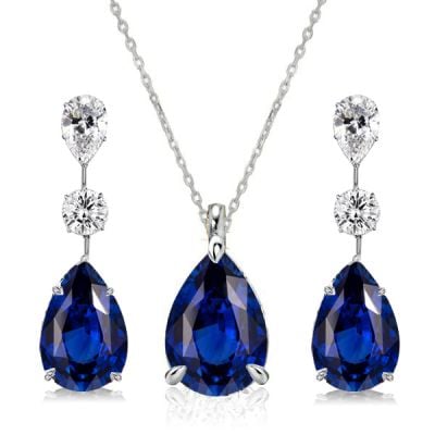 Italo Blue Sapphire Pear Shaped Necklace & Earrings Jewelry Set