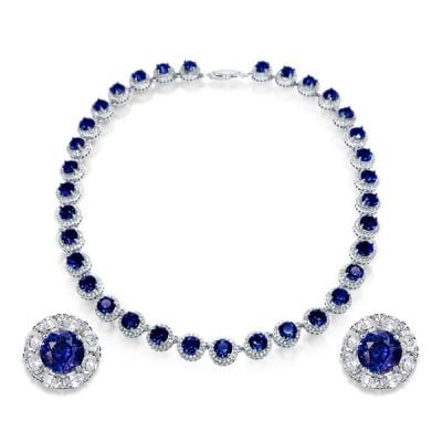 Italo Blue Sapphire Halo Tennis Necklace & Stud Earrings Jewelry Set