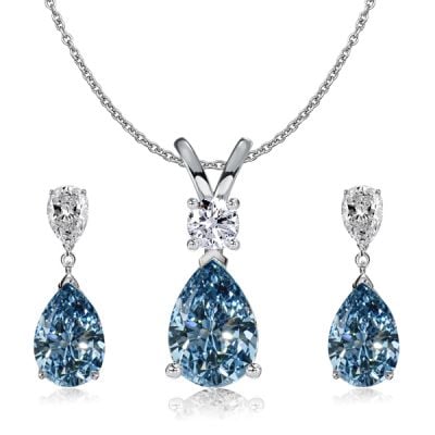 Italo Pear Shaped Blue Topaz Earrings & Necklace Jewelry Set