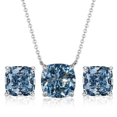 Italo Solitaire Cushion Cut Blue Topaz Earrings & Necklace Jewelry Set