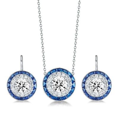 Italo Halo White & Blue Sapphire Necklace & Drop Earrings Jewelry Set