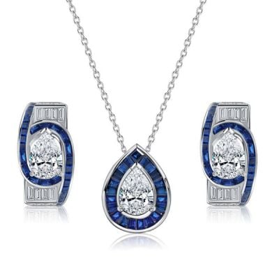 Italo Art Deco Pear Cut Blue Sapphire Necklace & Earrings Jewelry Set