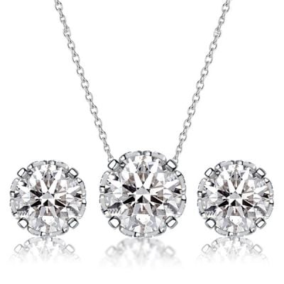 Italo Vintage Round Cut White Sapphire Necklace & Earrings Jewelry Set