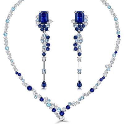 Italo Emerald & Round Cut Blue Sapphire Necklace & Earrings Jewelry Set