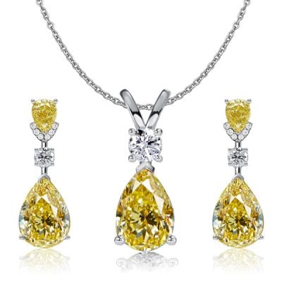 Italo Pear Shaped Yellow Topaz Earrings & Necklace Jewelry Set