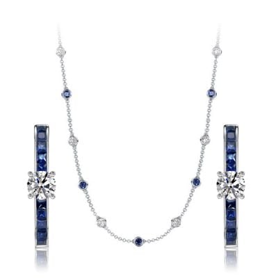 Italo Round & Princess Cut Blue Sapphire Necklace & Earrings Jewelry Set
