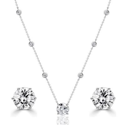 Italo Bezel Setting Round Cut Necklace & Earrings Jewelry Set