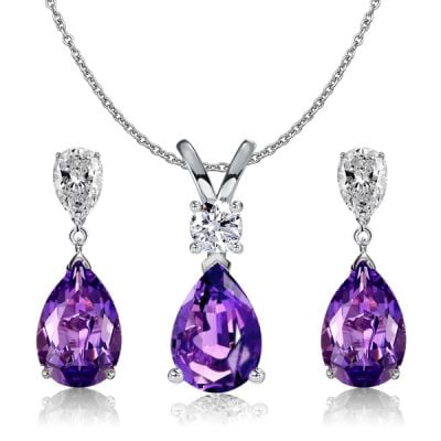 Italo Pear Cut Amethyst Drop Earrings & Necklace Jewelry Set