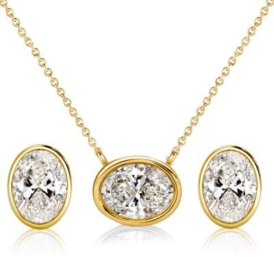 Italo Bezel Setting Oval Cut Solitaire Necklace & Earrings Jewelry Set