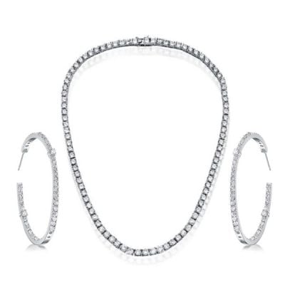 Italo Round Cut White Sapphire Necklace & Hoop Earrings Jewelry Set