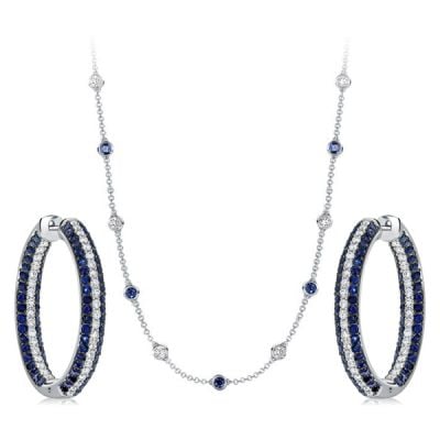 Italo Secure Round Cut White & Blue Sapphire Hoop Earrings & Necklace Jewelry Set