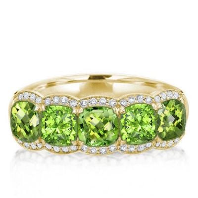 Golden Five Stone Halo Cushion Cut Created Peridot Wedding Band
