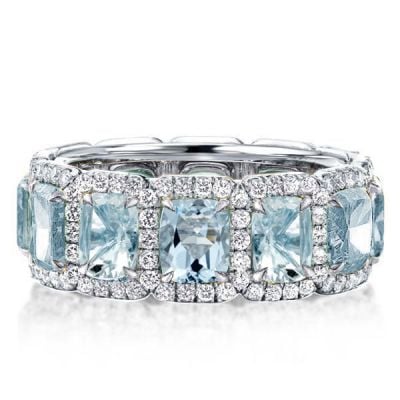 Italo Aquamarine Ring Cushion Cut Eternity Wedding Band For Women