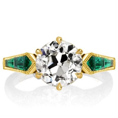 Golden Round Cut White & Emerald Sapphire Engagement Ring