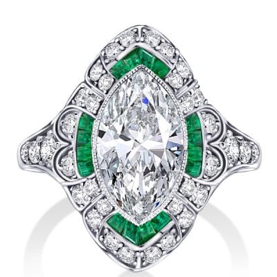 Art Deco Marquise Cut Milgrain Halo Engagement Ring