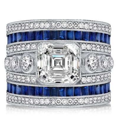 Italo Asscher Cut Blue Sapphire Art Deco Ring Cocktail Ring