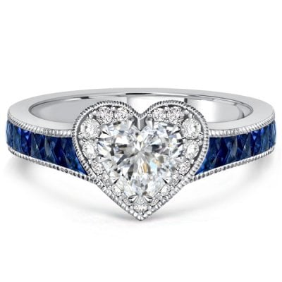 Italo Milgrain Blue Sapphire Heart Cut Halo Engagement Ring