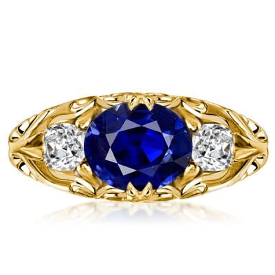 Italo Blue Sapphire East West Oval Cut Filigree Vintage Engagement Ring
