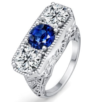 Italo 3 Stone Antique Blue & White Sapphire Filigree Unique Engagement Rings