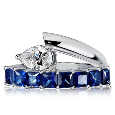 Italo Unique Princess & Pear Cut Blue Sapphire Engagement Ring