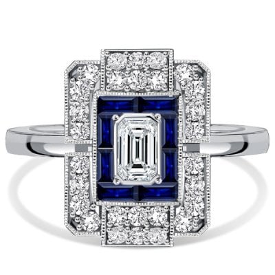 Italo Elongated Antique Baguette Cut White & Blue Sapphire Ring