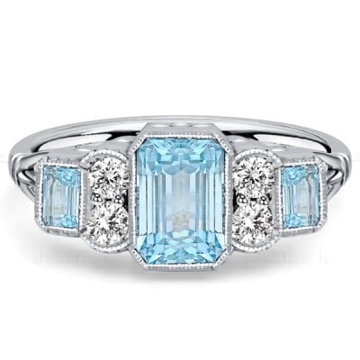 Italo Milgrain Bezel Emerald Cut Aquamarine Ring Vintage Engagement Rings