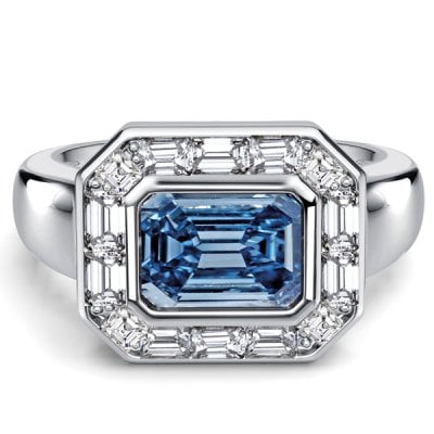 Italo Halo East West Blue Topaz Emerald Cut Engagement Rings