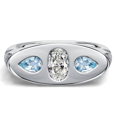 Italo Filigree Oval Cut Aquamarine Three Stone Engagement Ring For Women