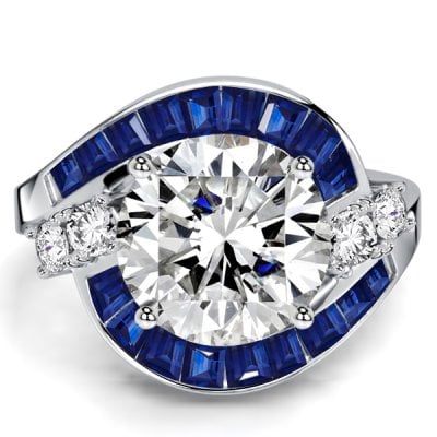 Italo Ballerina Ring Round Cut Blue Sapphire Halo Engagement Ring For Women