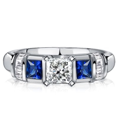 Italo Princess Cut Blue Sapphire Three Stone Engagement Ring For Women