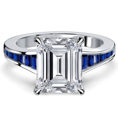 Italo Channel Set Blue Sapphire Emerald Cut Engagement Ring For Women