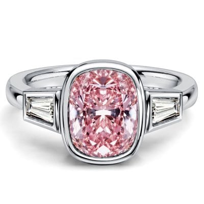 Italo Bezel Setting Pink Sapphire Cushion Cut Three Stone Engagement Ring