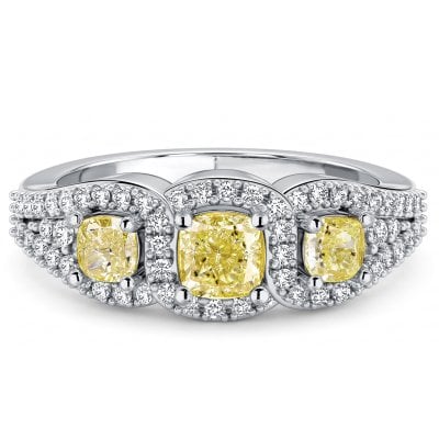 Italo Halo Yellow Topaz Cushion Cut Three Stone Engagement Ring For Women