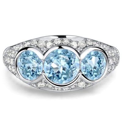 Italo Bezel Setting Round Cut Aquamarine Three Stone Engagement Ring For Women