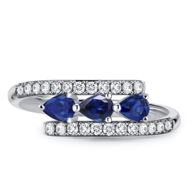 Italo Bypass Pear Cut Blue Sapphire Three Stone Engagement Ring For Women