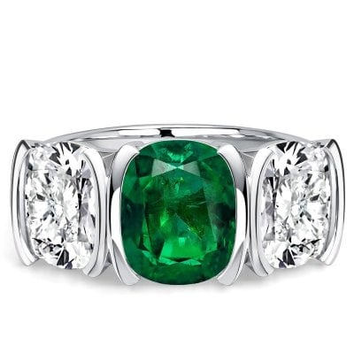 Italo Half Bezel Emerald Sapphire Cushion Cut Three Stone Engagement Ring For Women