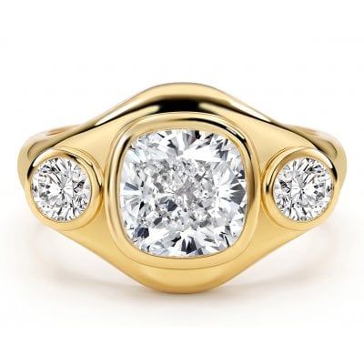 Italo Golden Bezel Set 3 Carat Cushion Cut Three Stone Engagement Ring For Women