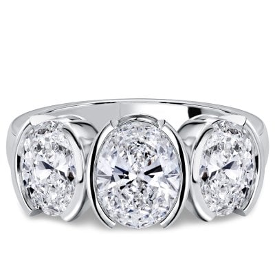 Italo Half Bezel 2 Carat Oval Cut Three Stone Engagement Ring For Women