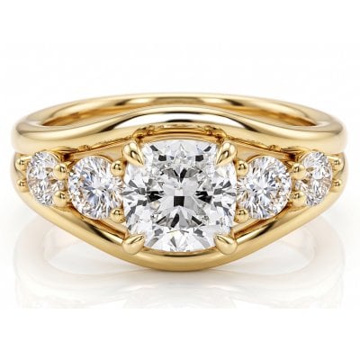 Italo Golden Split Shank Five Stone Cushion Cut Engagement Ring For Women