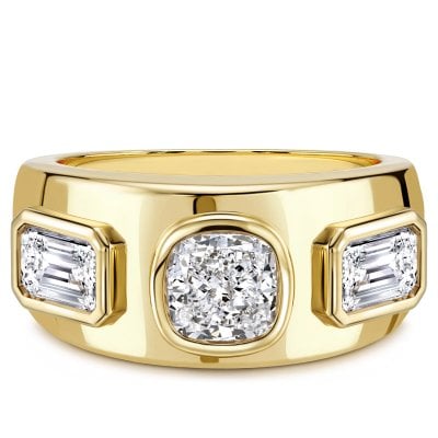 Italo Golden Three Stone Cushon Cut Bezel Set Ring For Women