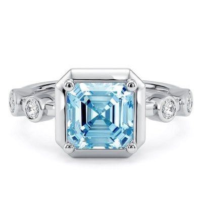 Italo Bezel Setting Five Stone Asscher Cut Aquamarine Ring For Women