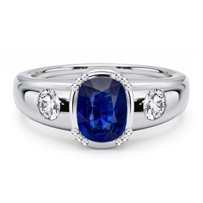 Italo Bezel Setting Blue Sapphire Cushion Cut Three Stone Ring