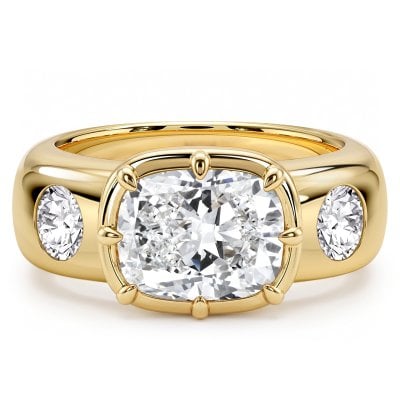 Italo Golden East West Elongated Cushion Cut Three Stone Rings