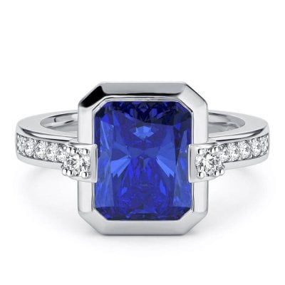 Italo Bezel Set Side Stone Blue Sapphire Radiant Cut Unique Engagement Ring