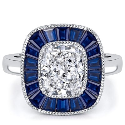 Italo Art Deco Bezel Setting Blue Sapphire Cushion Cut Engagement Ring For Women