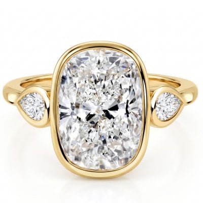 Italo Three Stone Bezel Set 5 Carat Elongated Cushion Cut Engagement Ring