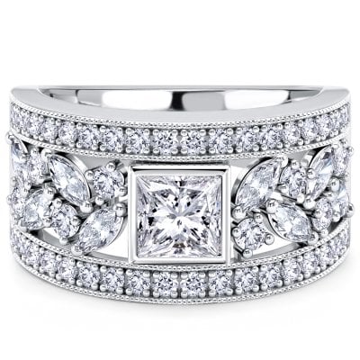 Italo Floral Filigree Bezel Princess Cut Unique Engagement Ring For Women