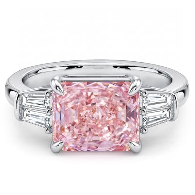 Italo East West Pink Sapphire Radiant Cut Three Stone Engagement Ring For Women