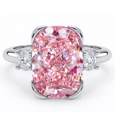 Italo Half Bezel Pink Sapphire 5 Carat Elongated Cushion Cut Three Stone Ring